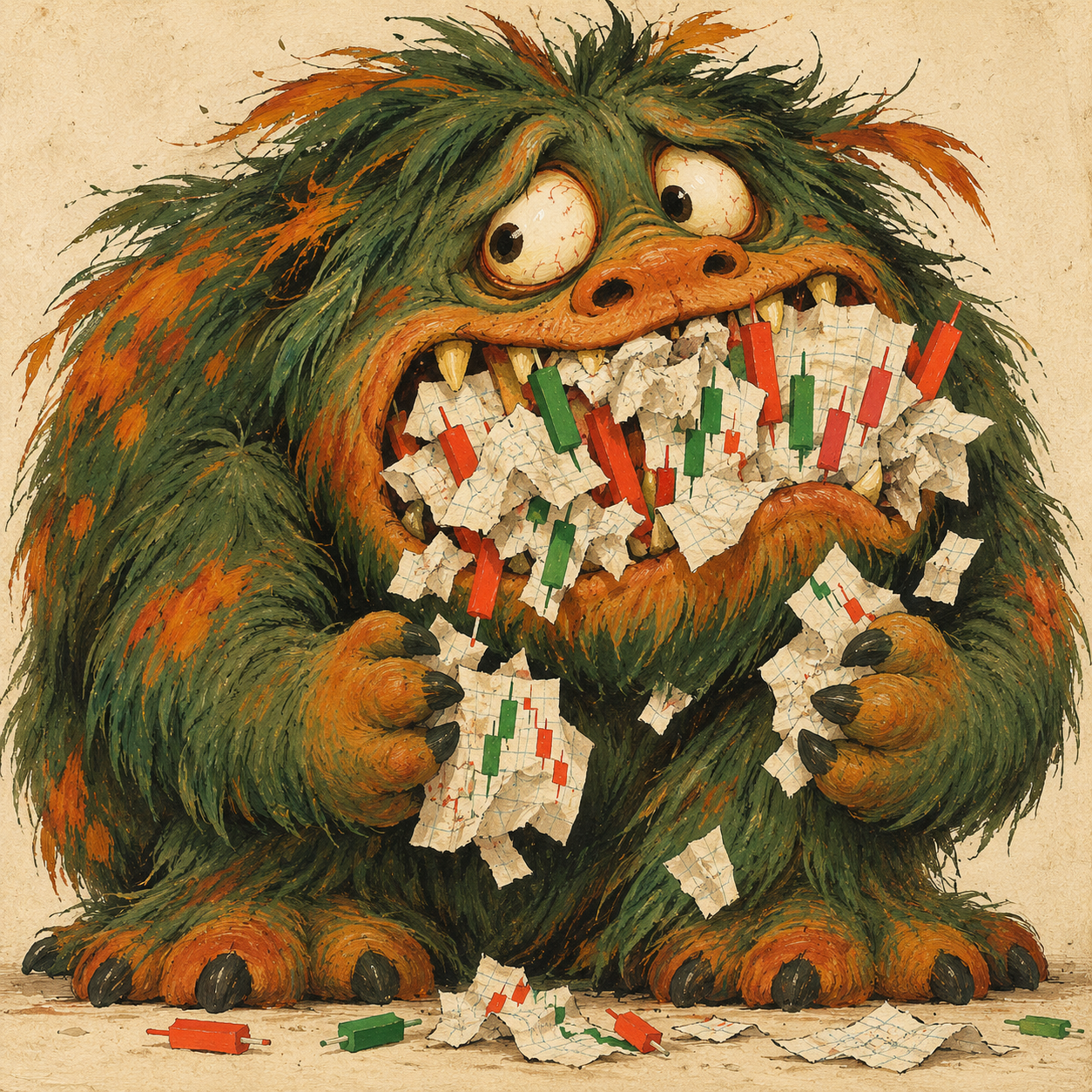 Hand-painted shaggy creature chewing scraps of fake candlestick charts